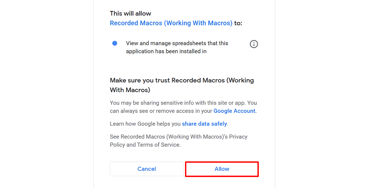 Allowing permissions for a Google Sheets macro