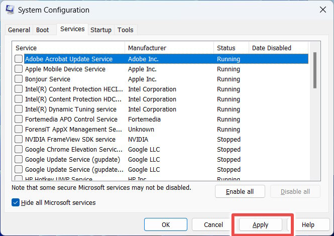 Applying changes in System Configuration app.