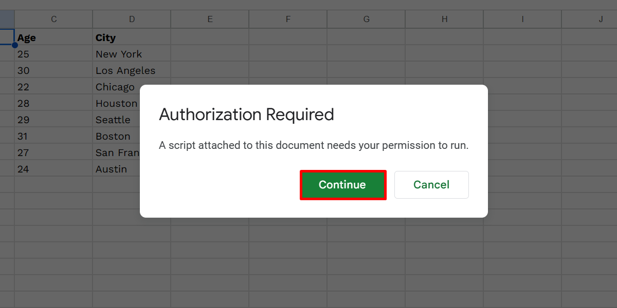 Clicking the Continue button in the authorization request dialog box for macros