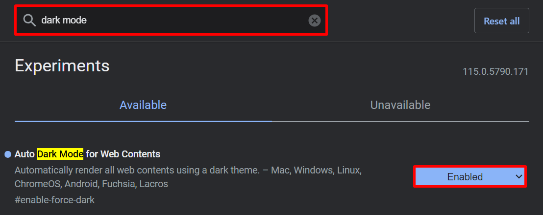 Experimental auto dark mode feature in Google Chrome.