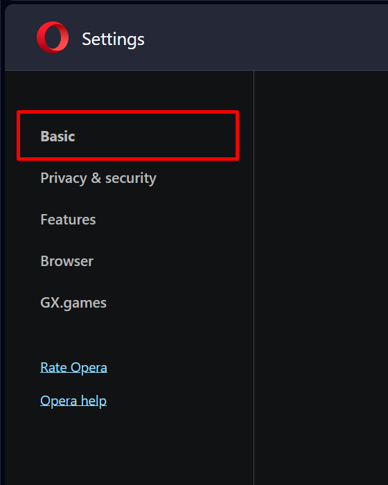 Basic section in the Settings of Opera Browser.