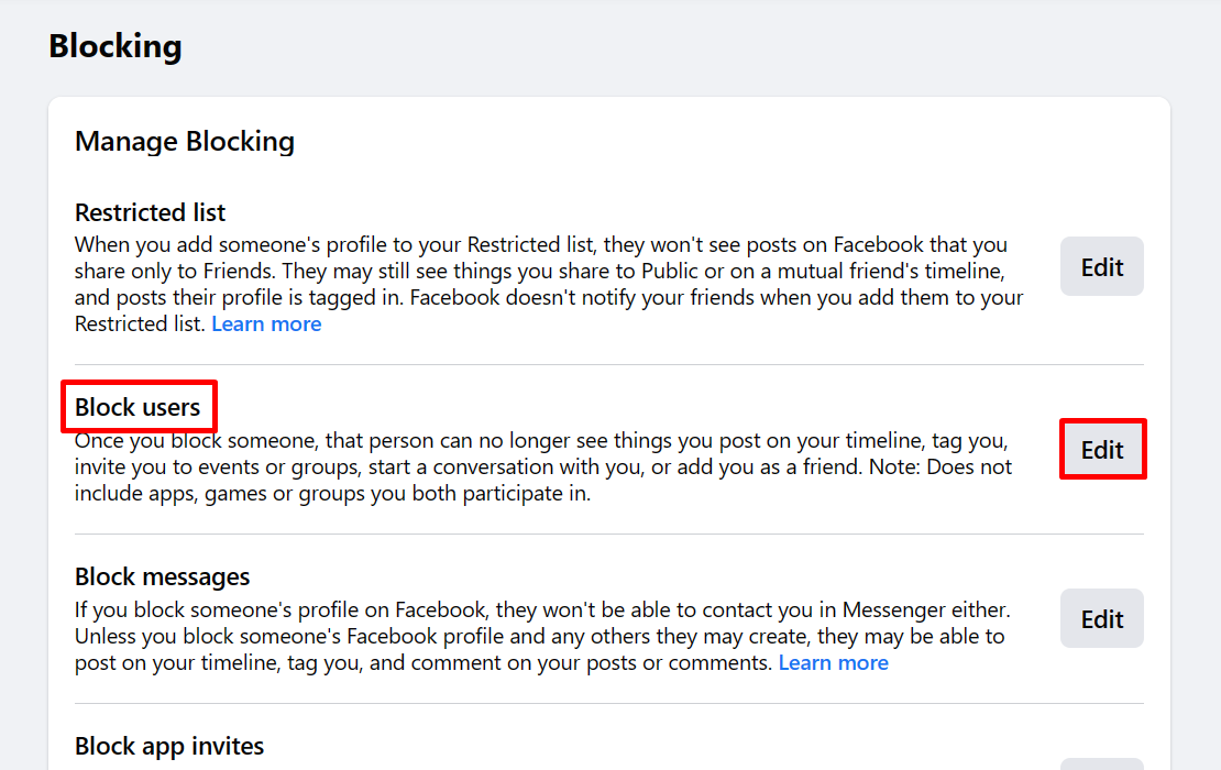 Clicking "Edit" button under "Block user" in Facebook Settings inside browser.