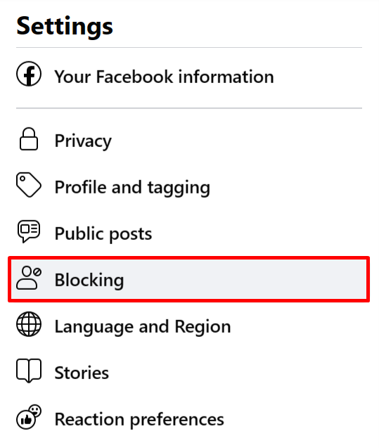 Selecting "Blocking" from leftside menu in Facebook Settings. 