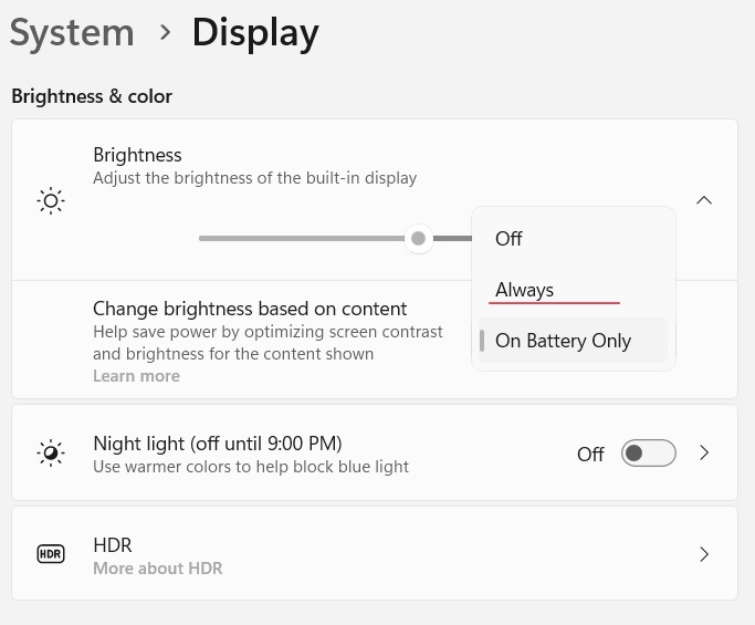 Opting for "Change brightness based on content" option under Display in Settings.