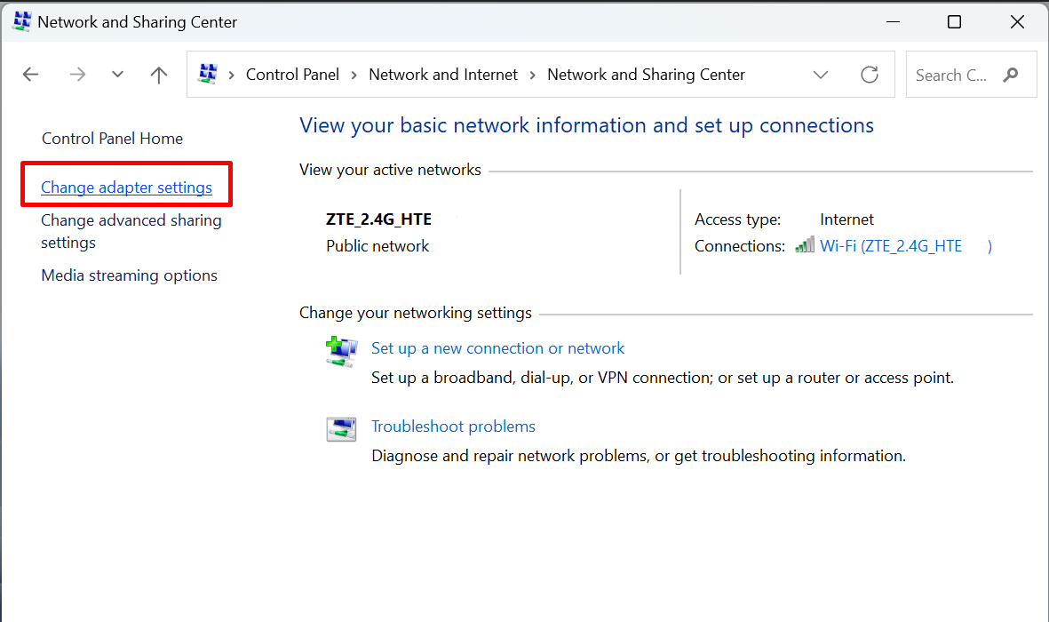 Clicking on the "Change adapter settings" in Control Panel. 