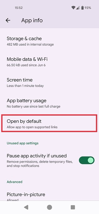 Tapping "Open by default" option for app in Android Settings.