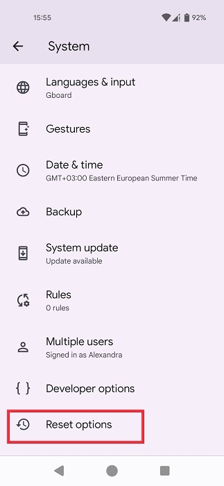 Tapping on "Reset options" in Android Settings.