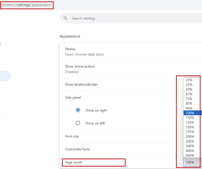 Setting default zoom levels in Chrome browser.