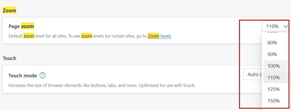 Setting default zoom levels in Edge browser.