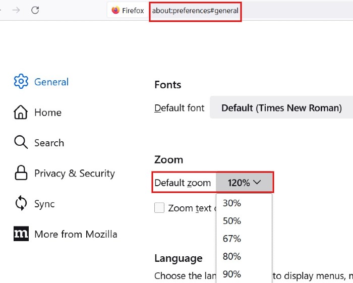 Setting default zoom levels in Firefox browser.