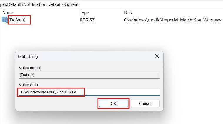 Adding new value data for Default key in Registry Editor.