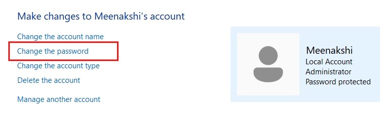 Clicking "Change the password" option in Control Panel. 