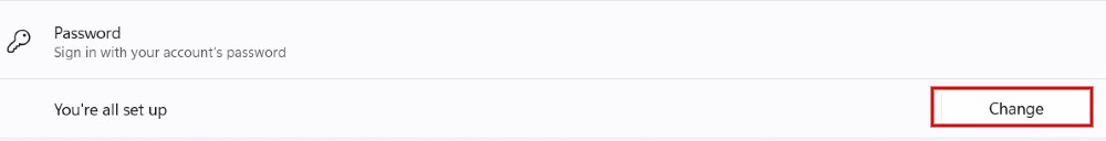 Selecting "Change" button underneath "Password" in Windows Settings.