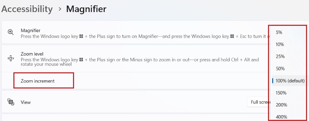 Click drop-down next to zoom increment