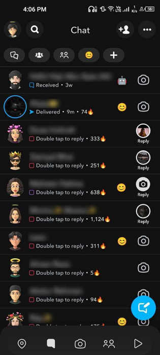 Chat section view in Snapchat with emojis.
