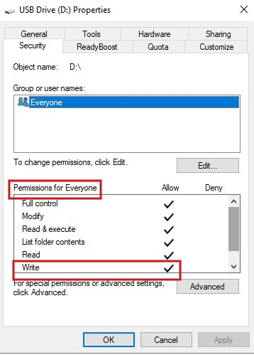 Verifying if tick mark is there for write under "Permissions for Everyone."