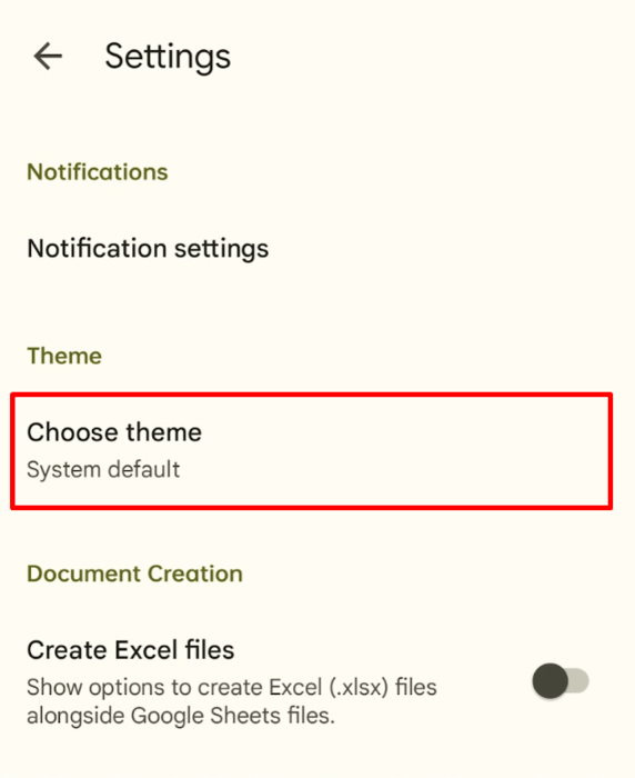 Choose theme option in Sheets app settings. 