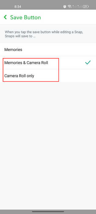 Selecting whether to save snaps/stories in "Memories & camera roll" or "Camera Roll only."
