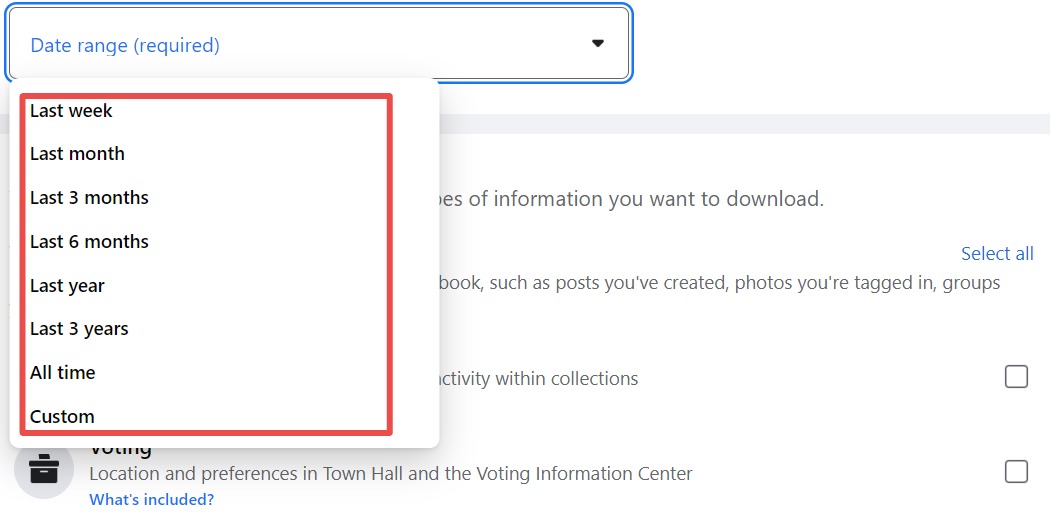 Choosing A Date Range When Downloading Profile Information On The Facebook Website