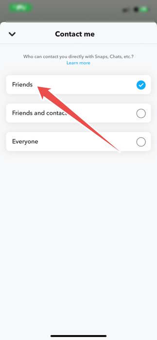 Selecting "Friends" under "Contact me" in Snapchat Settings.