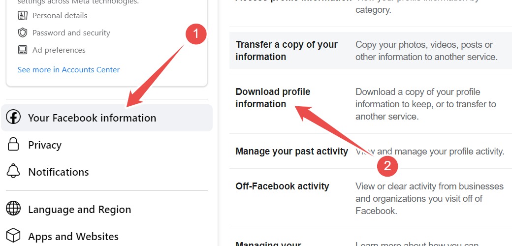 Choosing The Option To Download Profile Information In Facebook Website Settings