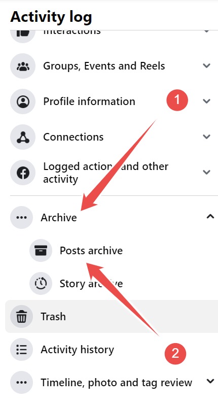 Choosing The Posts Archive Option In The Activity Log Menu On The Facebook Website