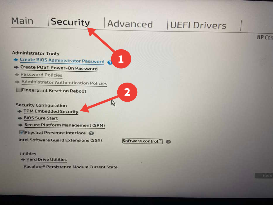 Selecting 'TPM Embedded Security" in the "Security" tab of UEFI BIOS.