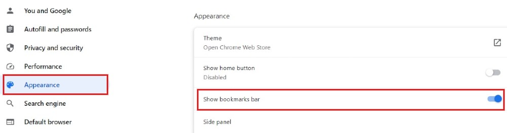 Clicking "Appearance" on left and enable "Show bookmarks bar" on the right.