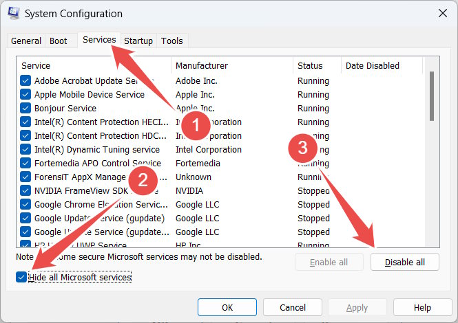 Closing all non Microsoft services In System Configuration app.