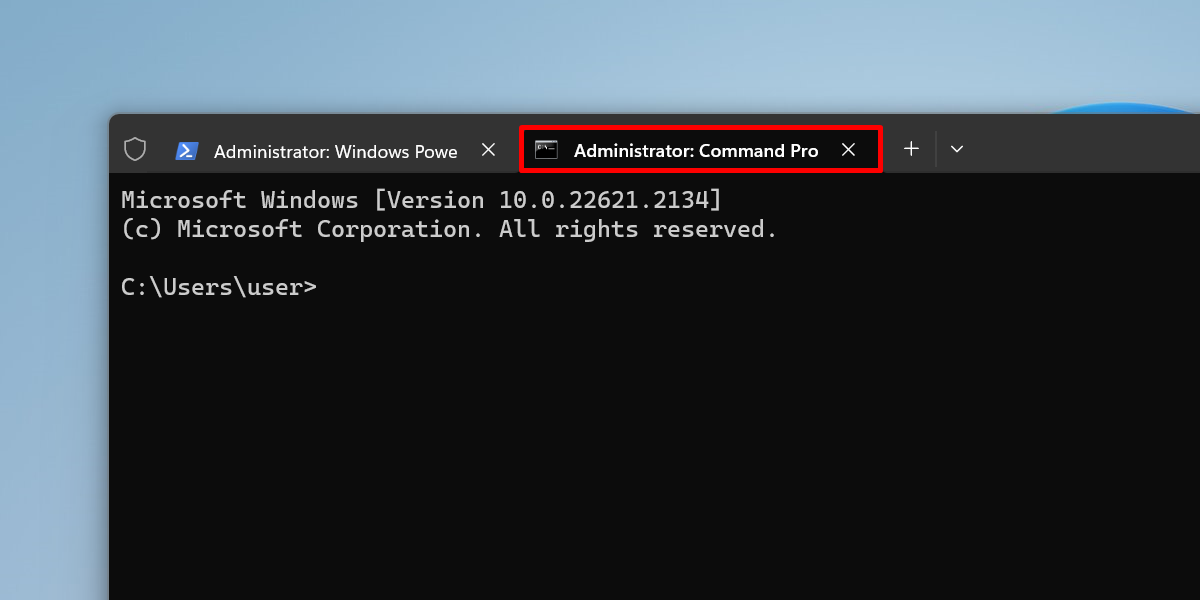 View of Command Prompt tab with administrator access in the Terminal app