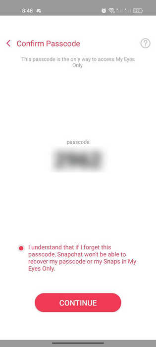 Confirming passcode to hide snap in Snapchat app.