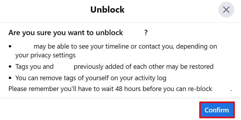 Clicking "Confirm" in pop-up window to confirm Facebook unblocking via browser.