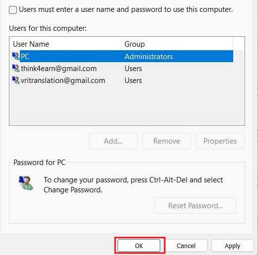 Pressing "OK" to disable login password.