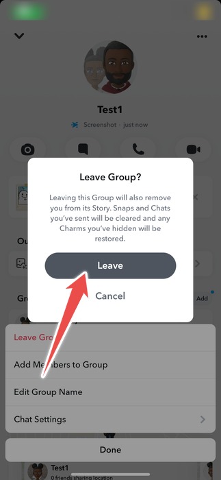Confirm leaving group by tapping on "Leave" button in Snapchat app. 