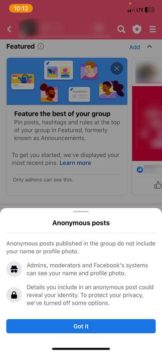 Confirming To Create Anonymous Post On The Facebook App