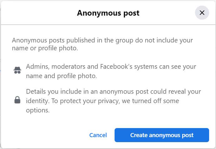 Confirming To Create Anonymous Post On The Facebook Website