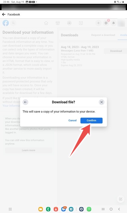 Confirming You Want To Download Facebook Profile Information In The Facebook Android App