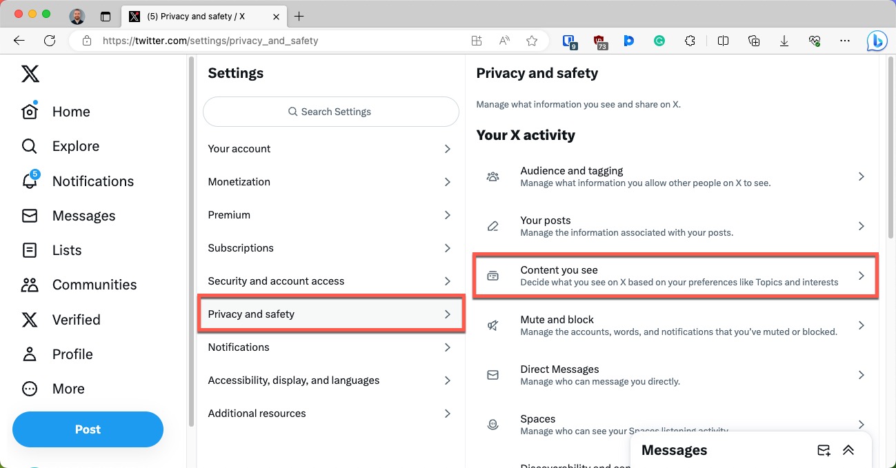 twitter for web privacy and safety content settings menu