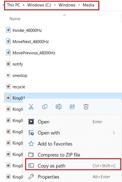 Right-clicking the sound file and selecting "Copy as path" from context menu.