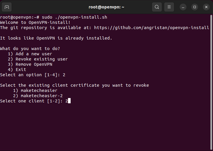 A terminal showing the client config removal process on the VPN server.