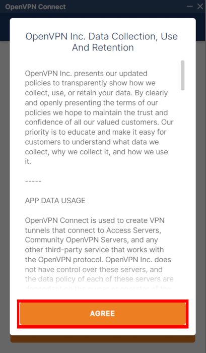 A screenshot showing the Data Collection Policy agreement screen for OpenVPN.