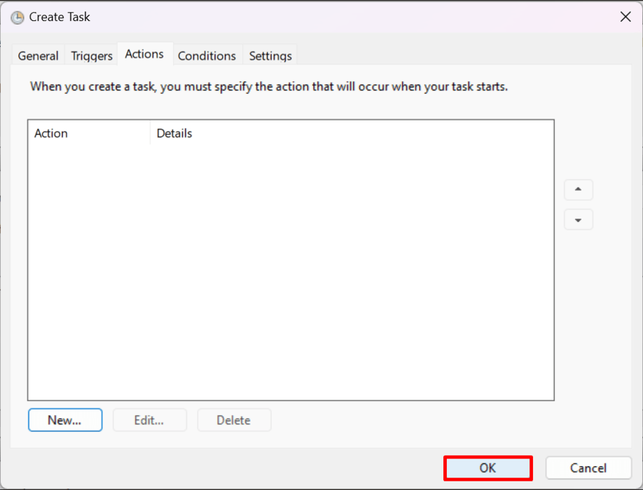 This screenshot shows the OK button to finish task creation in the Task Scheduler. 