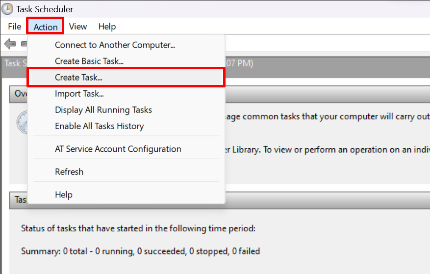 Selecting "Create Task" option from Action dropdown in Task Scheduler.