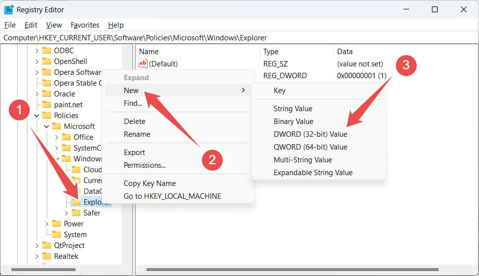 Creating New DWORD value in Registry Editor.