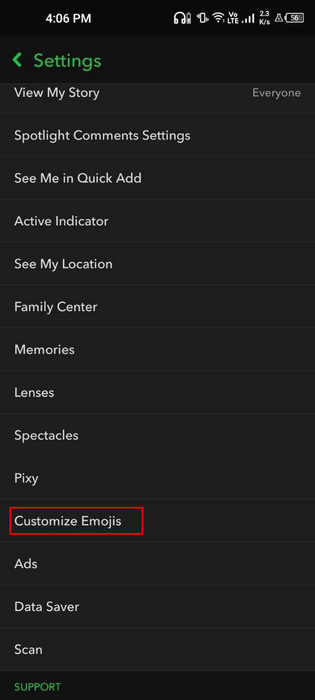 Clicking "Customize emojis" option in Snapchat settings.