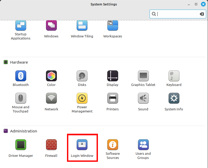 A screenshot showing the Login Window option in the System Settings window.