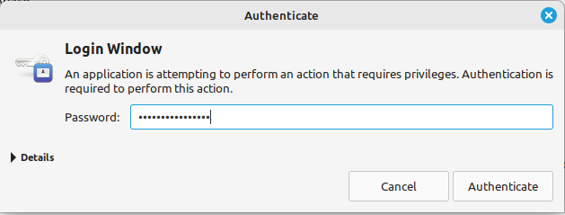 A screenshot showing the superuser authentication prompt in Linux Mint.