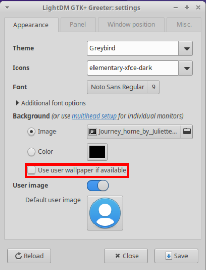 A screenshot highlighting the user backgrounds toggle for XFCE's LightDM instance.