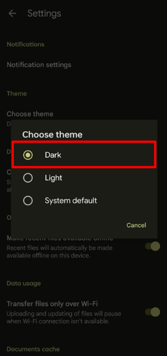 Google Sheets dark mode option enabled.
