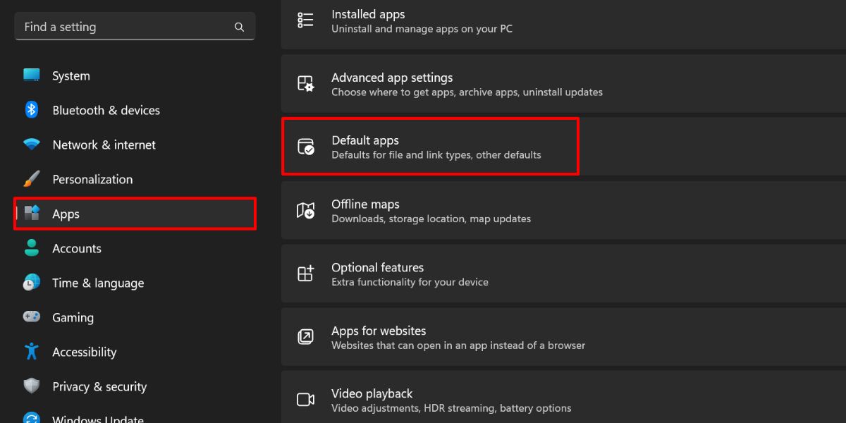 Accessing "Default apps" in Windows Settings app. 